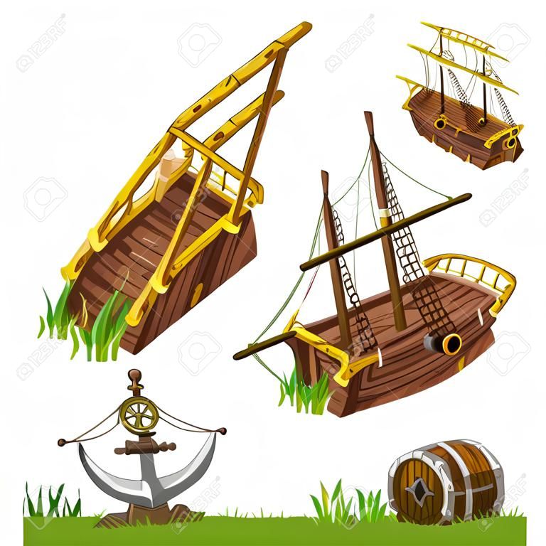 Frammenti e parti di una nave pirata, isolati elementi dell'immagine