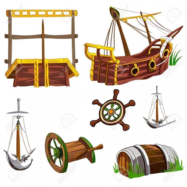 Fragmenten en delen van een piratenschip, geïsoleerde beeldelementen