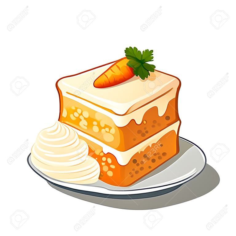 Delicioso pedaço de bolo de cenoura no prato com creme e um pouco de cenoura no topo. sobremesa vetorial isolada. Ilustração de alimentos