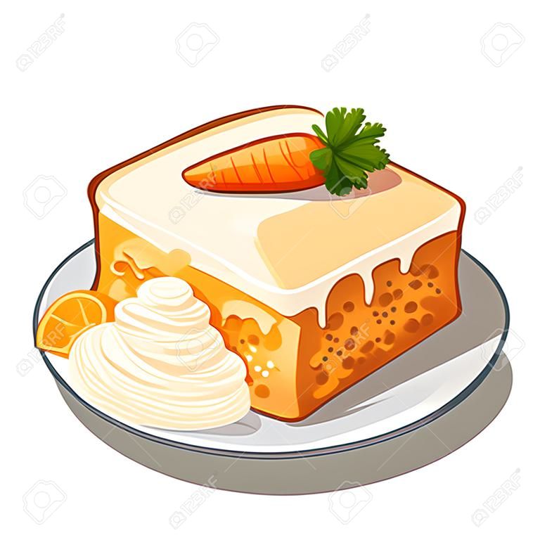 Delicious piece of carrot cake on plate with cream and a little carrot on top. Vector dessert isolated. Food illustration