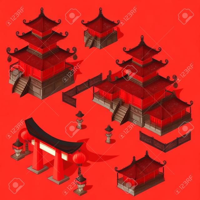 Oryantal tarzda mimari öğeler kümesi. Pagoda evi ve kapısı siyah ve kırmızı renktedir. Vektör karikatür yakın çekim çizim