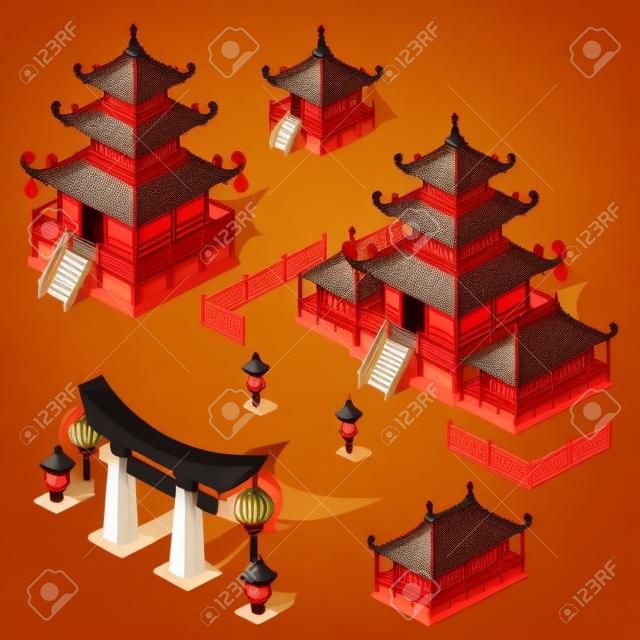 A set of architectural elements in Oriental style. Pagoda house and gate black and red color. Vector cartoon close-up illustration