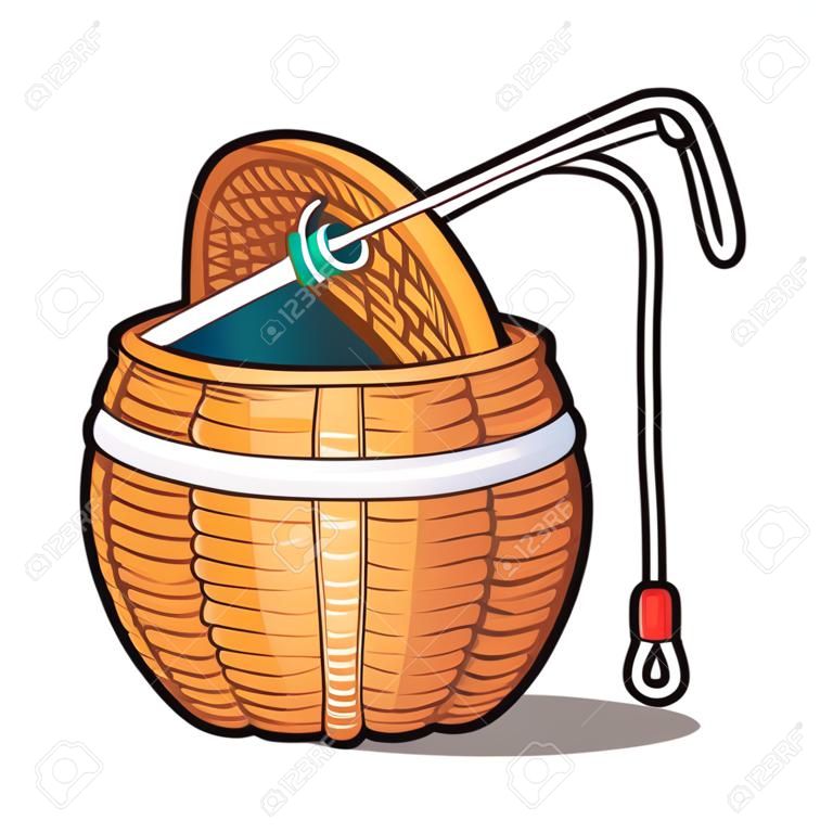Fishing rod in wicker basket isolated on white background. Vector cartoon close-up illustration.