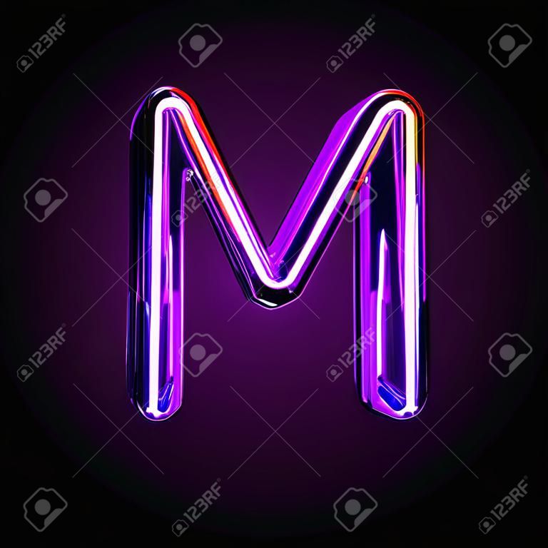 Letra M del alfabeto de brillo púrpura neón aislado en negro - Ilustración 3D de símbolos