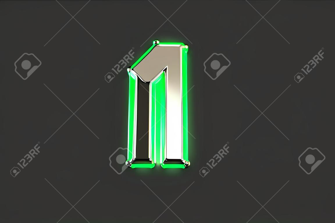 Argento metallizzato con contorno smeraldo e alfabeto con retroilluminazione verde - numero 1 isolato su sfondo grigio, illustrazione 3D dei simboli