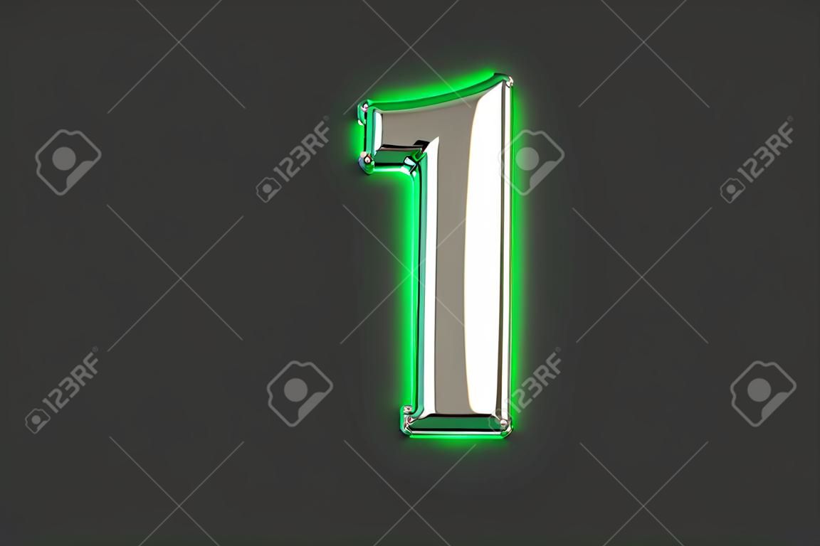 Argento metallizzato con contorno smeraldo e alfabeto con retroilluminazione verde - numero 1 isolato su sfondo grigio, illustrazione 3D dei simboli