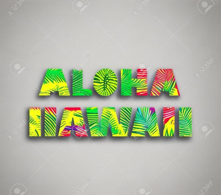 Renkli palmiye ile tişört baskısı aloha Hawaii harfleri yaprakları