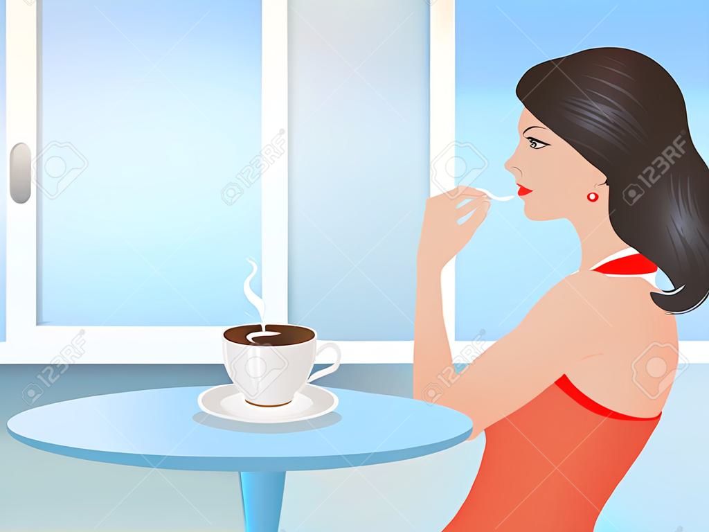 Bella bruna in rosso seduta in cafe una tazza calda, fumante di caffè. illustrazione.