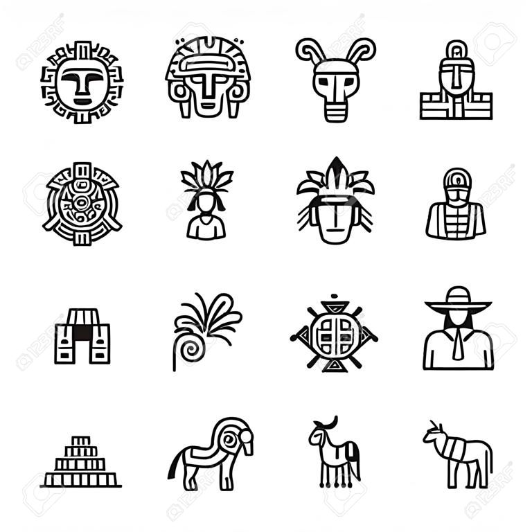 Zestaw ikon Azteków. Obejmował ikony takie jak maya, mayan, plemię, antyk, piramida, wojownik i inne.