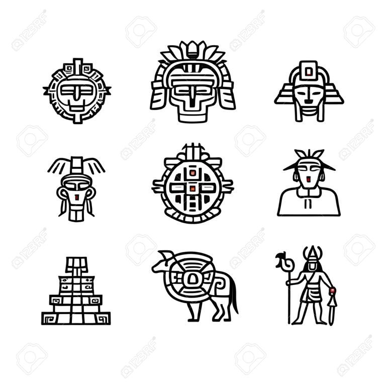 Zestaw ikon Azteków. Obejmował ikony takie jak maya, mayan, plemię, antyk, piramida, wojownik i inne.