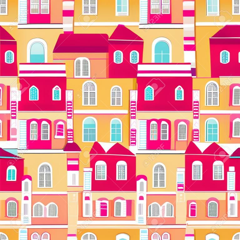 House buildings, home seamless background pattern. Colorful wrapping paper, postcard, banner design template. Vector illustration.