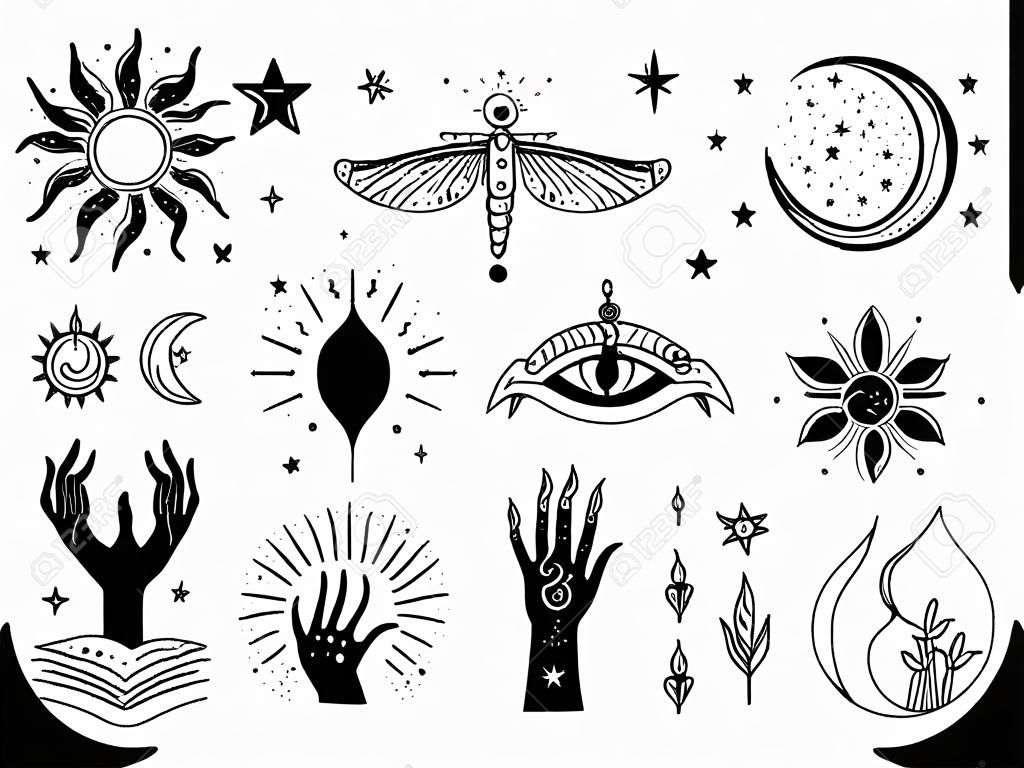 Conjunto de símbolos mágicos, tatuajes de brujas. Luna creciente, sol con cara, manos con plantas, bola mágica y estrellas. Boceto lineal negro, diseño boho, ilustración vectorial moderna