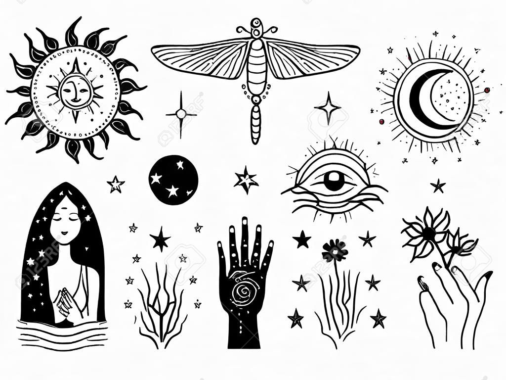Zestaw magicznych symboli, tatuaże czarownic. sierp księżyca, słońce z twarzą, dłonie z roślinami, magiczna kula i gwiazdy. czarny szkic liniowy, projekt boho, nowoczesna ilustracja wektorowa