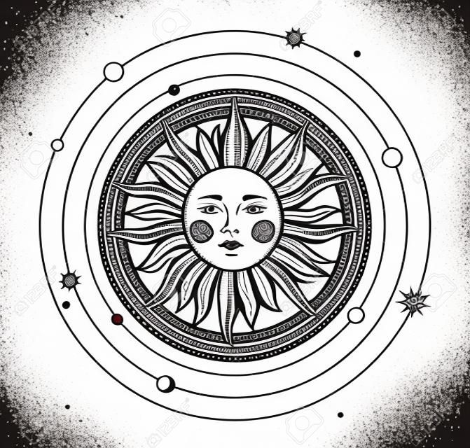 Vector illustration in vintage mystic style, boho design, tattoo, tarot. The device of the universe, the sun with a face, orbits with stars. Line drawing Isolated on a white background