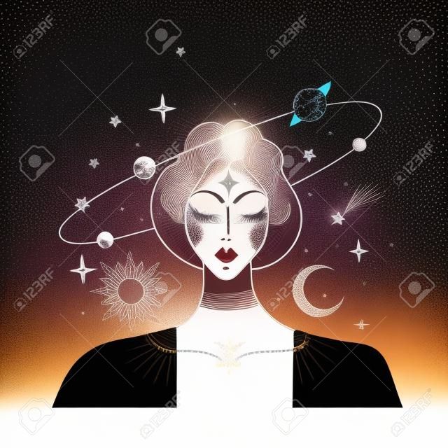 Mystical hand drawing in vintage style. Portrait of a girl with flying stars and planets around. The concept of meditation and balance, spiritual calmness. Vector illustration isolated on white background