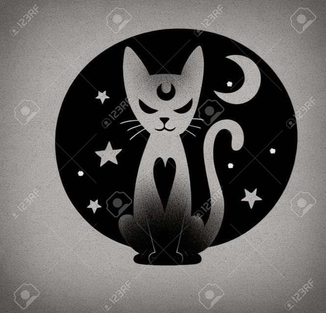 Sitting black cat, silhouette isolated on white background. Witch symbol, elements for halloween and witchcraft. Simple boho tattoo, vector illustration
