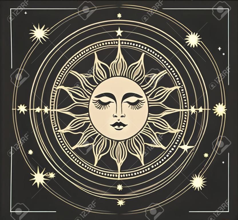 Vector illustration in modern vintage mystical style for tarot card, astrology, heavenly boho design. Golden sun with a face on a dark background with stars. Graphic stylization of engraving