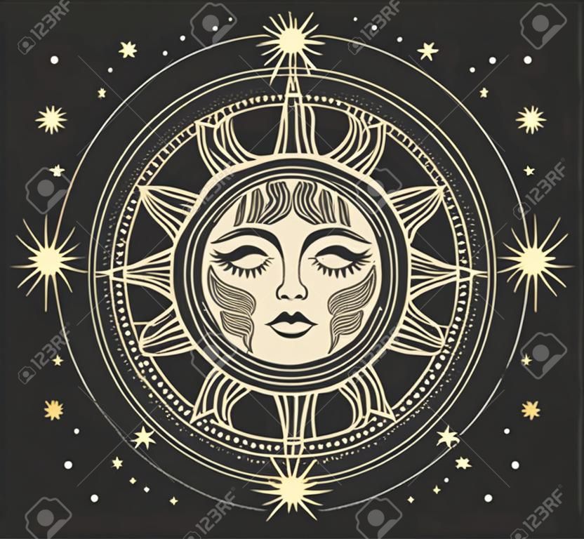 Ilustracja wektorowa w nowoczesnym stylu vintage mistyczny dla karty tarota, astrologia, niebiański projekt boho. złote słońce z twarzą na ciemnym tle z gwiazdami. graficzna stylizacja graweru