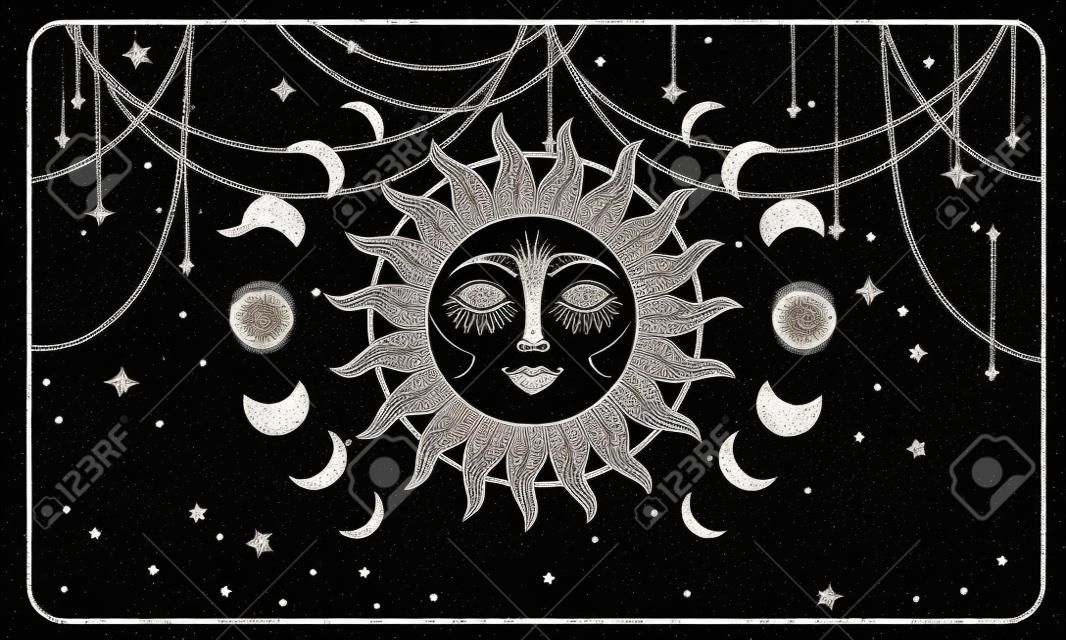 Bannière boho esthétique avec visage de soleil, phases de lune et motif d'étoiles. impression magique pour l'astrologie et le tarot, design bohème, tatouage, gravure, couverture de sorcière. dessin à la main mystique sur fond noir.