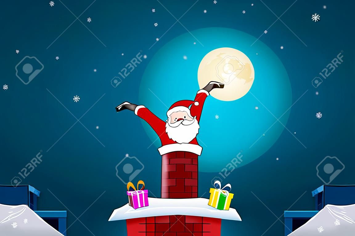 Funny card - Merry Christmas and Happy New Year, Santa Claus stuck in the Chimney on roof
