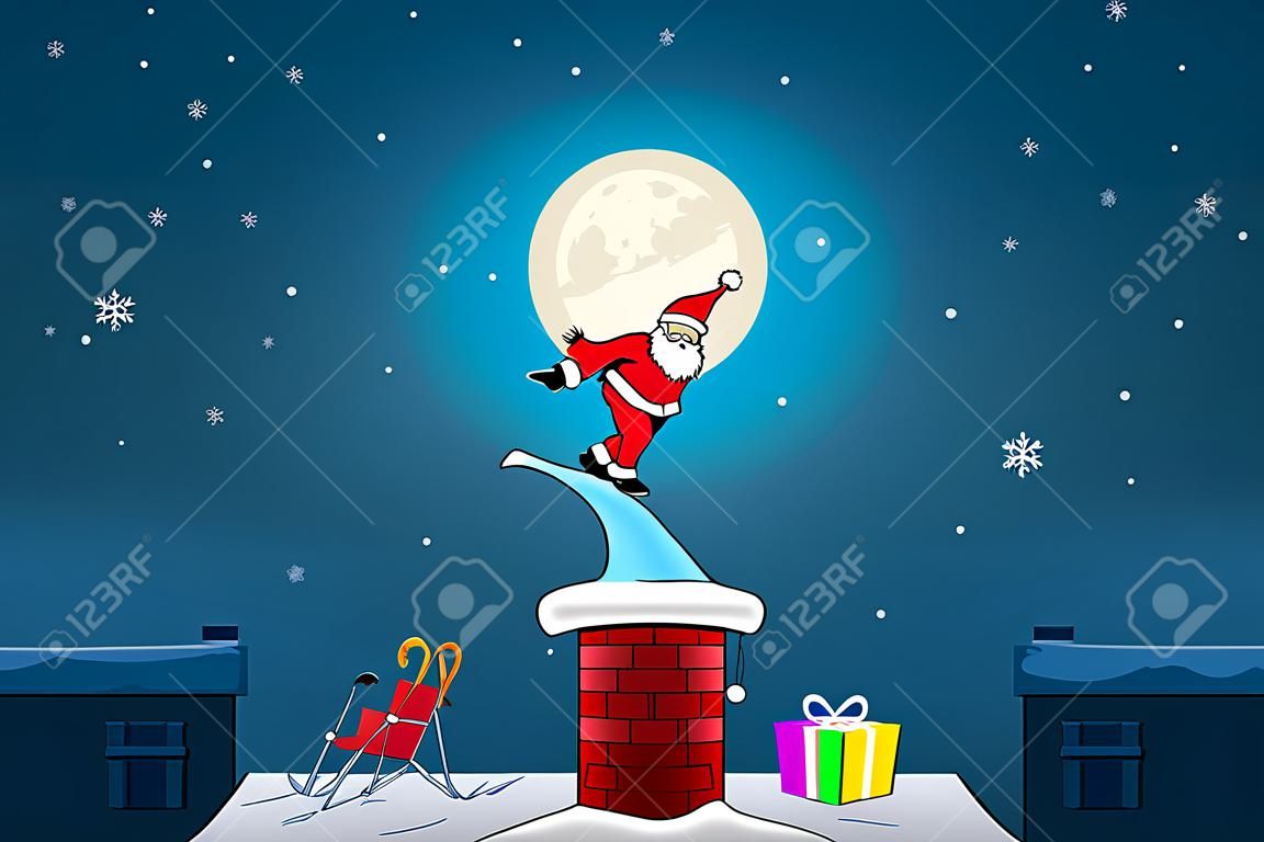 Funny card - Merry Christmas and Happy New Year, Santa Claus stuck in the Chimney on roof