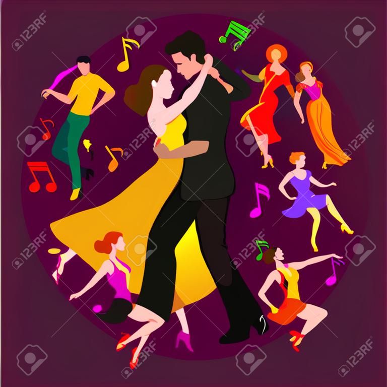 Illustrazione vettoriale della coppia di ballo danza moderna, danza Partners bachata, Danza stile concetto di scenografia, danza tradizionale icona piatta illustrazione vettoriale isolato, uomo e donna ballo liscio.