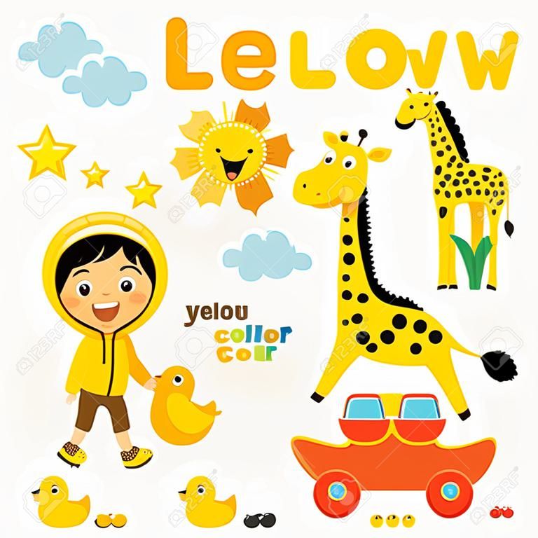 Impara il colore giallo, Educa il set di colori e vocabolario, Illustrazione dei colori primari, Illustrazione vettoriale