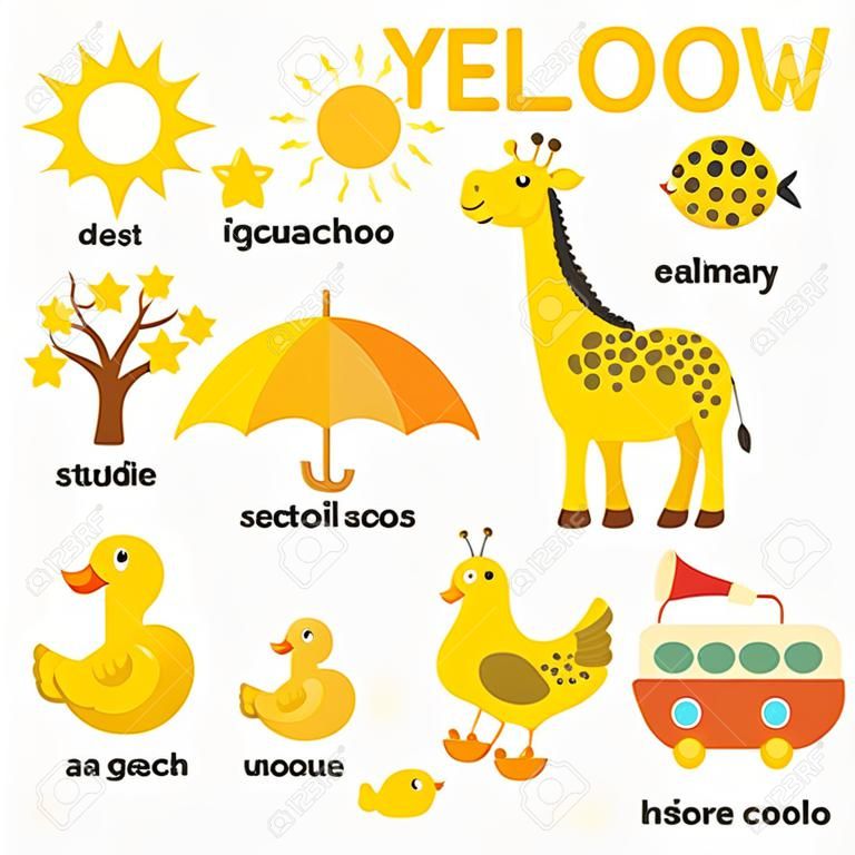 Impara il colore giallo, Educa il set di colori e vocabolario, Illustrazione dei colori primari, Illustrazione vettoriale