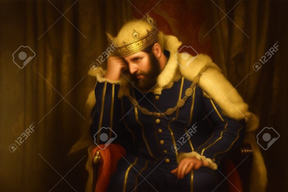 Méla és aggódik király ül a trónján,