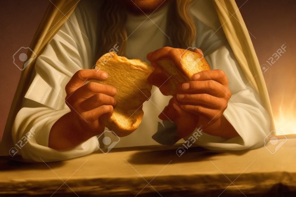 Authentic reenactment scene of Jesus breaking the bread during Last Supper, saying "this is my body".