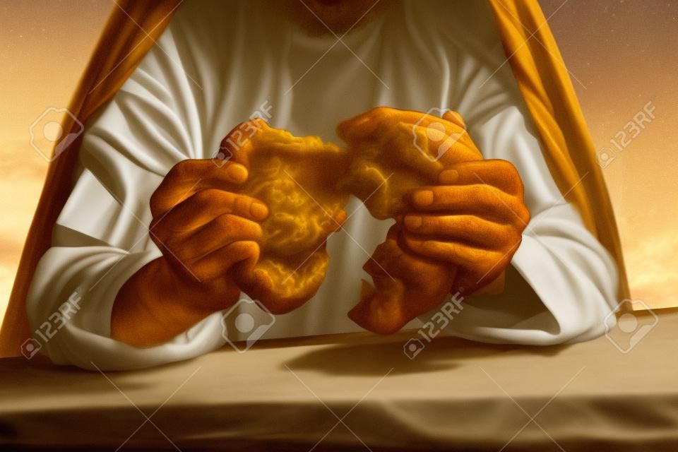 Cena autêntica reencenação de Jesus quebrando o pão durante a ltima Ceia, dizendo "este é o meu corpo".