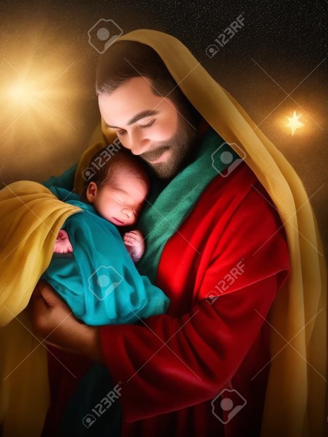 生後9日の生まれたばかりの男の子の本当の両親と、赤ちゃんのイエスのようにくるみ、クリスマスのキリスト降誕のライブシーン