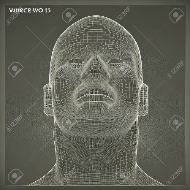 Concepto del vector o wireframe 3D conceptual cabeza masculina u hombre humano aislados sobre fondo gris