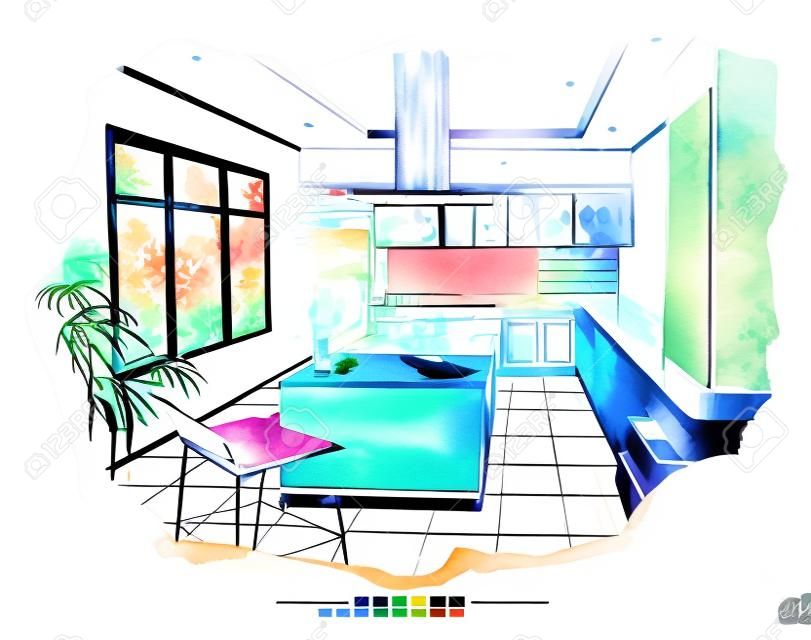 矢量室内素描设计水彩素描背景下的素描构思