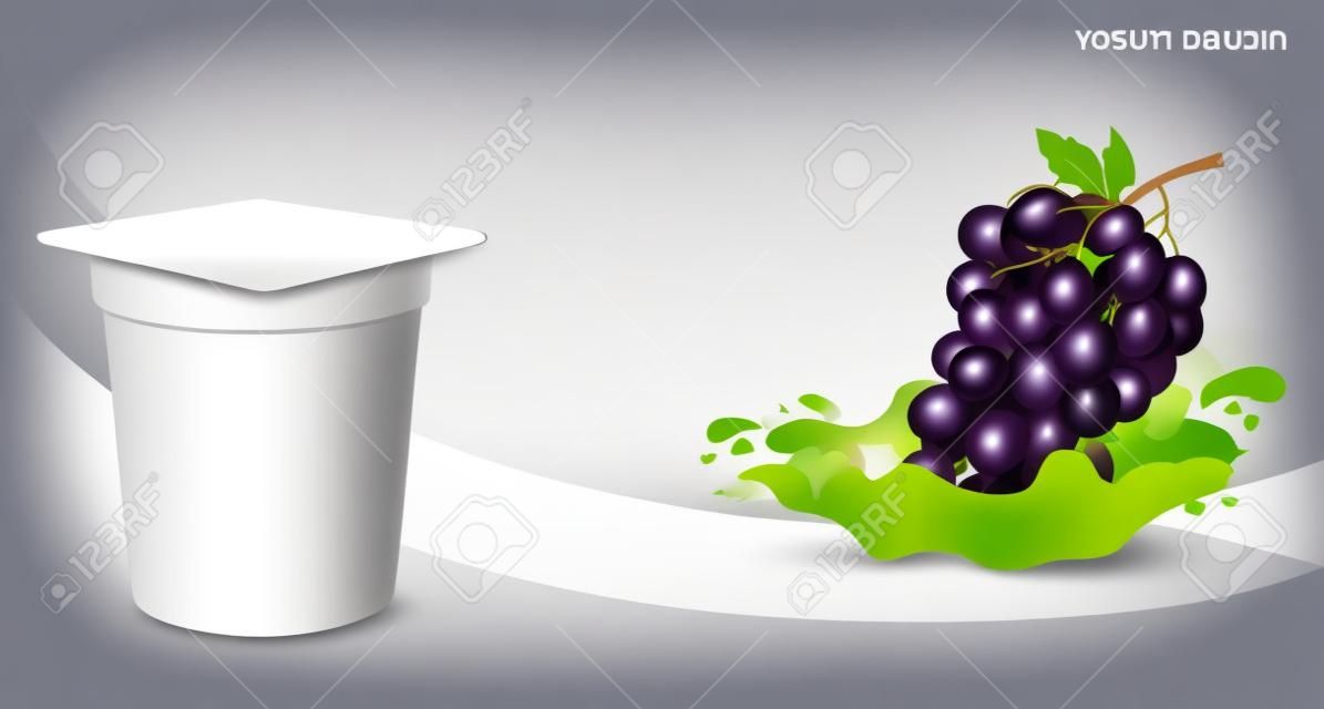 Sfondo per la progettazione di confezionamento di yogurt con vettore fotorealistico di uva.