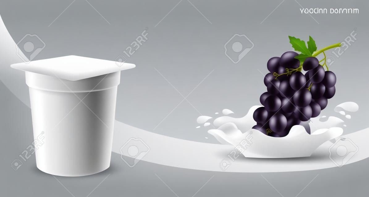 Sfondo per la progettazione di confezionamento di yogurt con vettore fotorealistico di uva.