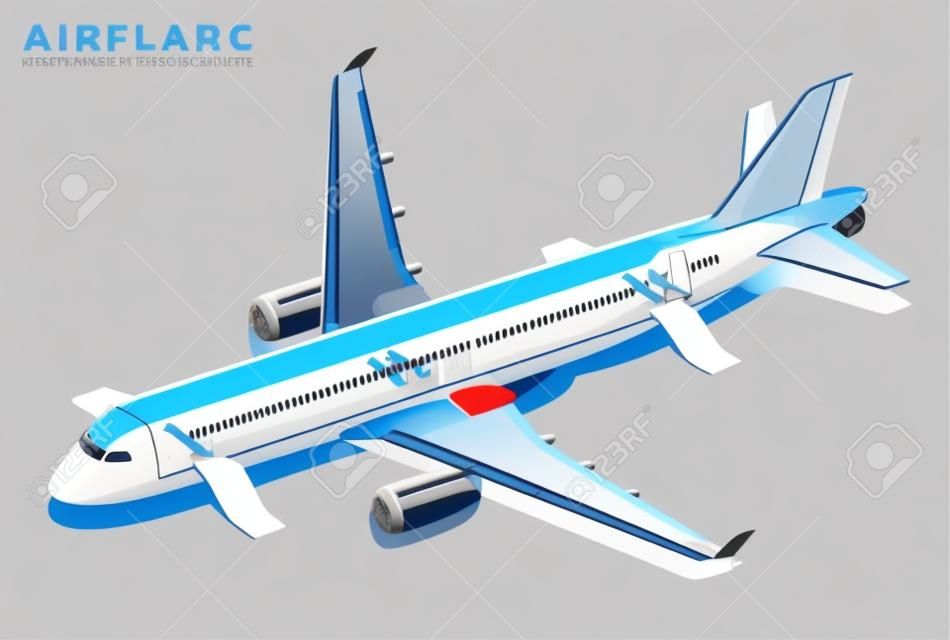 Isometrische Flugzeugabsturz Flugzeugfolie. Airbus Fensterrettung. Notfallrutschen eingesetzt. Flugzeug 3D-Illustration Vektor
