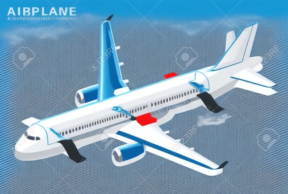 Diapositiva di aeroplano di incidente aereo isometrico. Salvataggio finestrini dell'Airbus. scivoli di emergenza dispiegati. Vettore dell'illustrazione 3d dell'aereo
