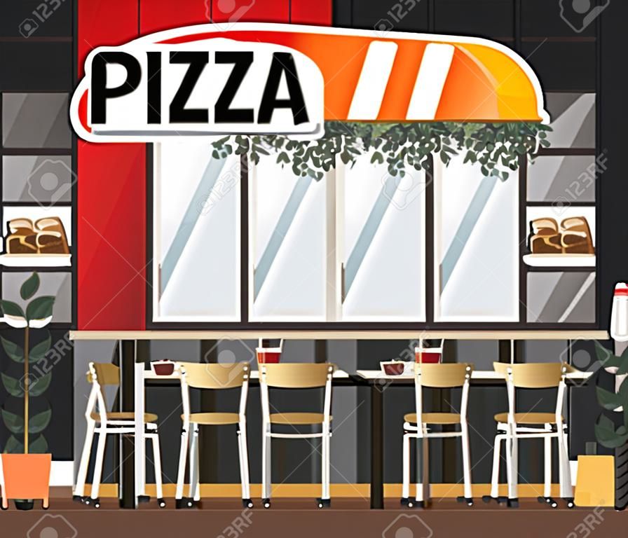 Pizzeria-Interieur im flachen Stil. Innenraum des Fast-Food-Restaurants. Cartoon gemütliches Interieur mit Tischen und Stühlen. Helle Möbel für die Cafeteria. Vektor-Illustration.