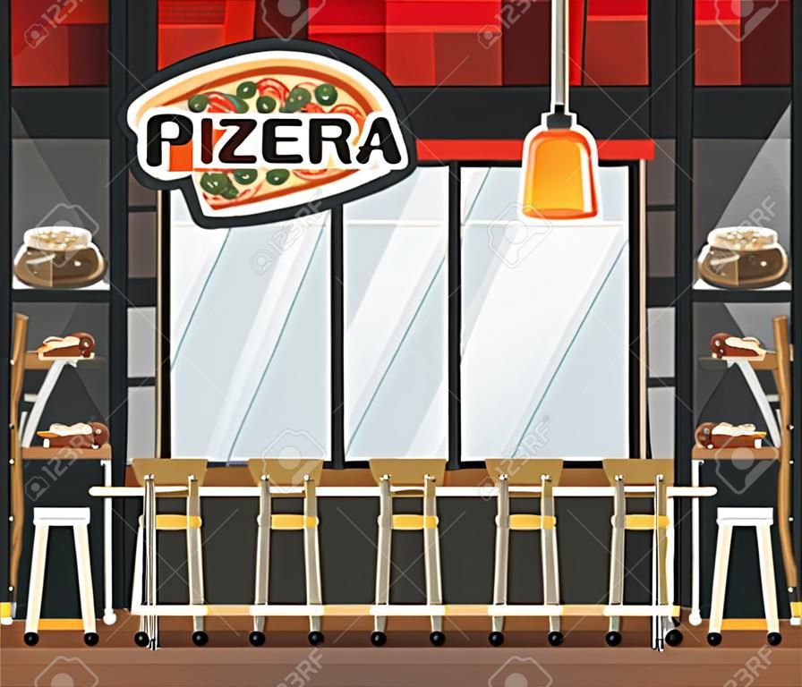 Pizzeria-Interieur im flachen Stil. Innenraum des Fast-Food-Restaurants. Cartoon gemütliches Interieur mit Tischen und Stühlen. Helle Möbel für die Cafeteria. Vektor-Illustration.