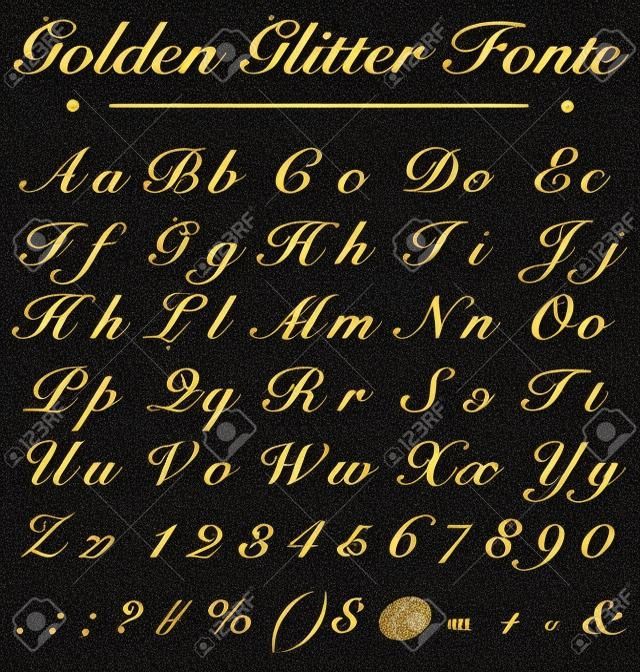 Realistic Glitter Golden Handwritten Fonts, Alphabet, Number On Black Background, Fonts Concept
