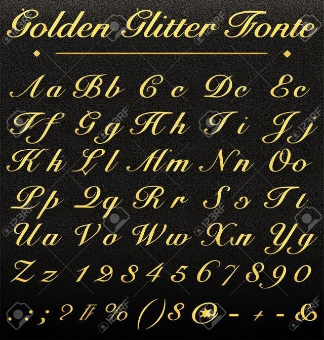 Realistic Glitter Golden Handwritten Fonts, Alphabet, Number On Black Background, Fonts Concept