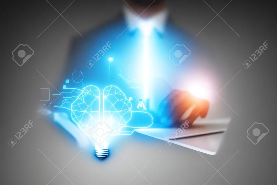 businessman holding a light bulb and an AI brain icon innovation and creativity in the field of modern technology, artificial intelligence and education learning concept.
