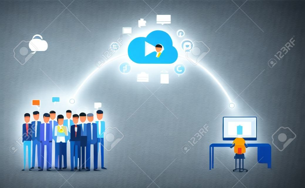 デジタル マーケティング接続オンライン concept.marketing 雲の上。Line.group の人々 のビジネスを発表します。