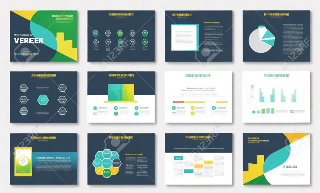 Design de modelo de apresentação de negócios e design de layout de página para brochura, livro, revista, relatório anual e perfil da empresa, com gráfico de elementos infográficos
