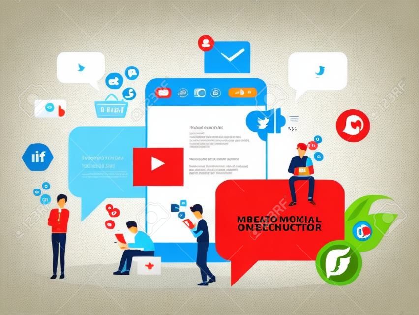 plana ilustração vetorial social media e marketing digital conceito de conexão on-line com pessoas de negócios personagem usar conceito móvel