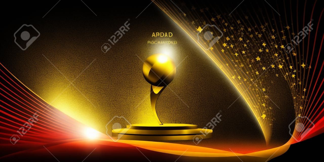 3D winner podium, red carpet party gold stars award concept.