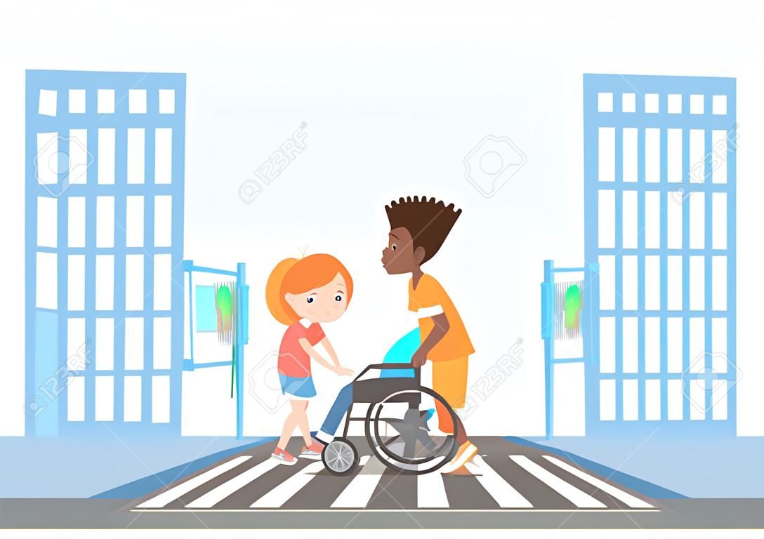 The boy drives the girl in a wheelchair, helps cross the road.