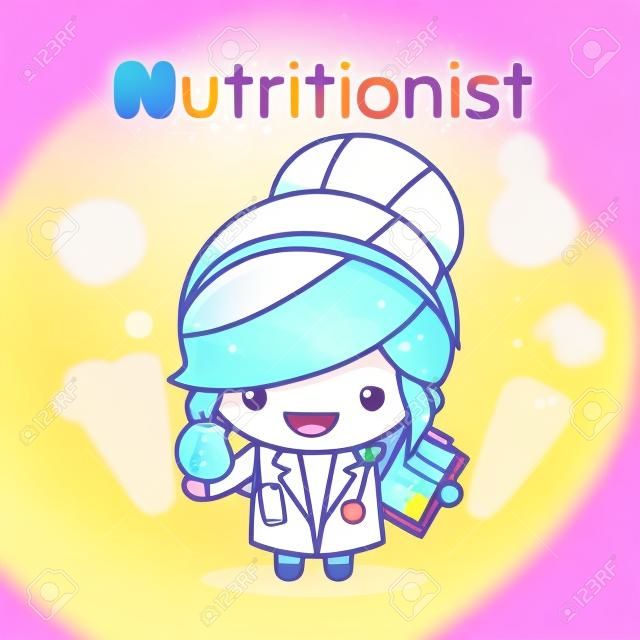 Cute chibi kawaii characters. Alphabet professions. The Letter N - Nutritionist. Flat cartoon style