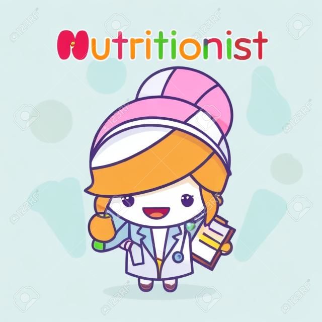 Cute chibi kawaii characters. Alphabet professions. The Letter N - Nutritionist. Flat cartoon style